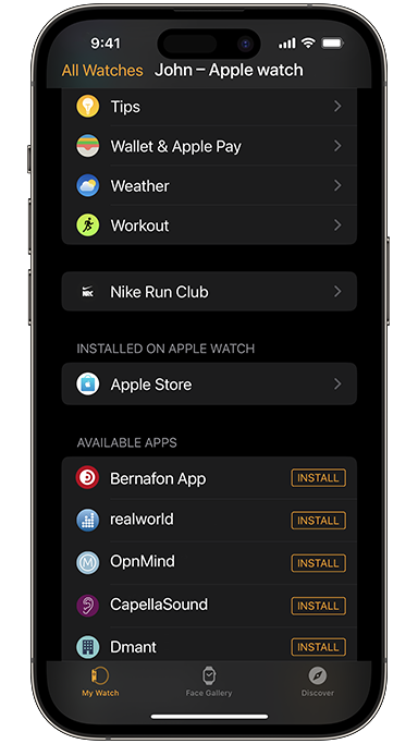 iPhone displaying Apple watch settings and Bernafon App available for installation.
